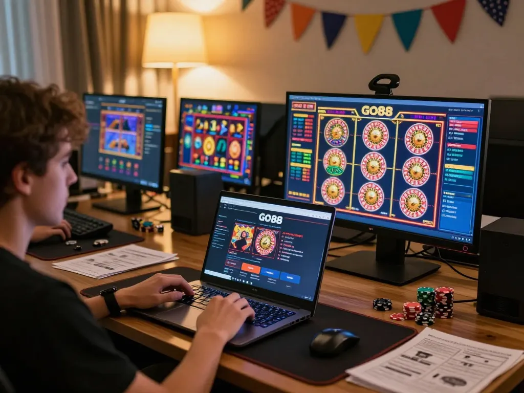 Engaging with GO88 gaming platform on a cozy laptop setup.
