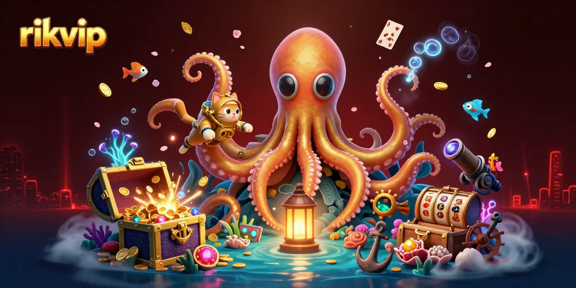 Play exciting games at rikvip, featuring a vibrant scene with a colossal kraken and treasure.