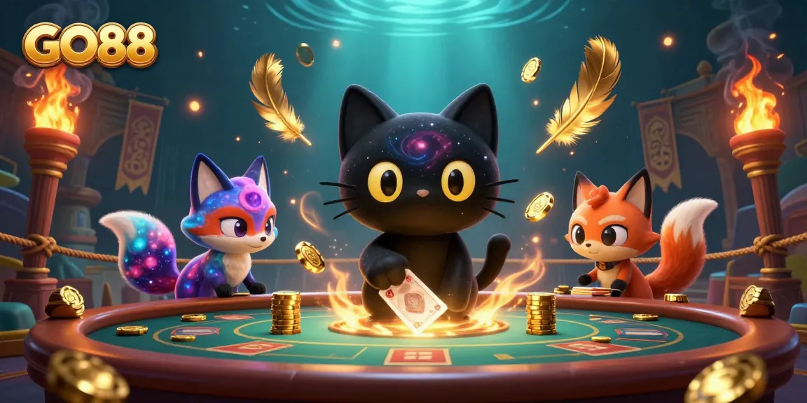 Engage with GO88's lively cosmic casino as a black hole cat attracts chips and cards.