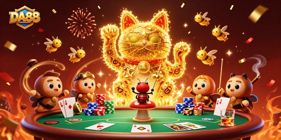 Experience the excitement of DA88 with a giant lucky cat surrounded by vibrant casino elements.