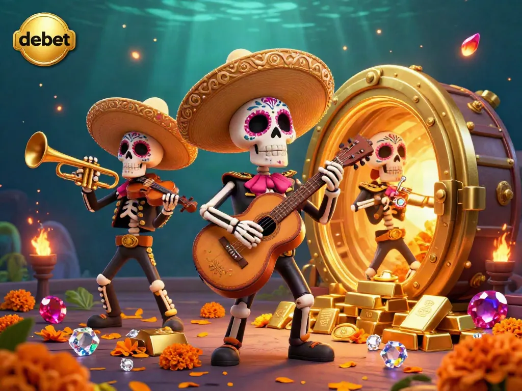 Experience vibrant gaming with Debet featuring a colorful mariachi band and treasure.