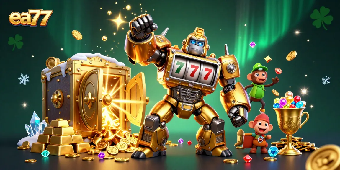 ea77 players engaging with exciting jackpot adventures featuring a golden gorilla mech and treasure elements.