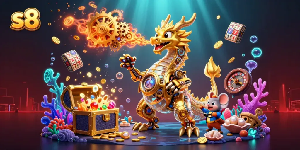 S8 online gambling promotional image depicting a dragon and slot reels amid gold coins and colorful gems