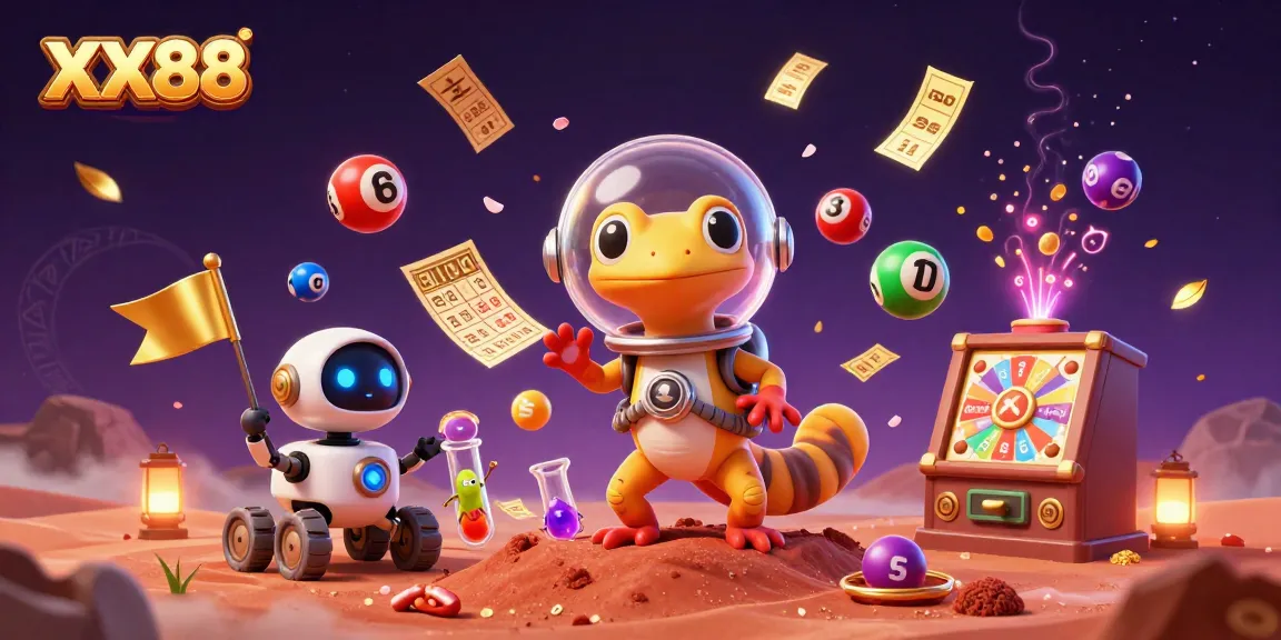 Experience the excitement of XX88 with Martian gecko uncovering a golden casino on Mars in a lively illustration.
