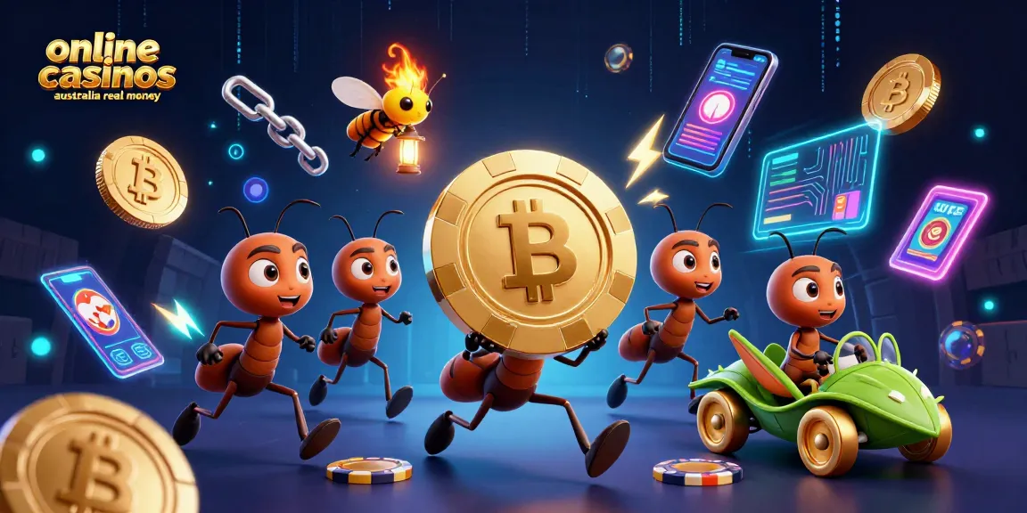 Engage with thrilling action at online casinos Australia real money as ants execute a heist featuring vibrant gaming elements.