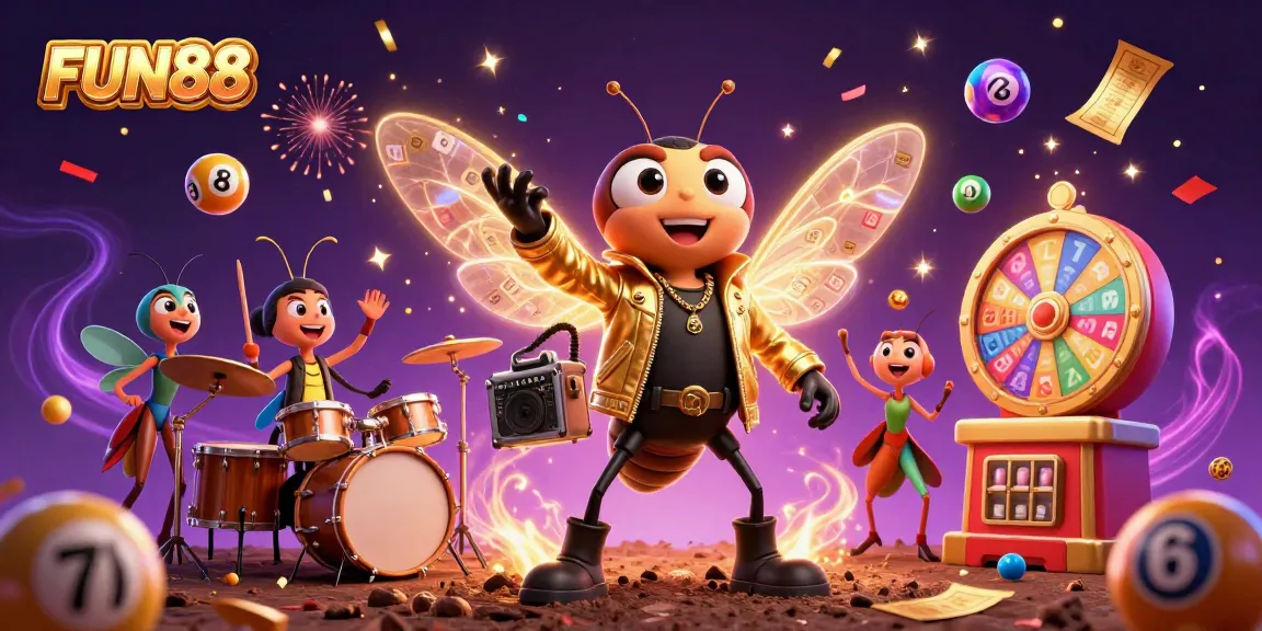 Engage in FUN88 with a vibrant 3D illustration featuring a rock star cicada and a lively casino atmosphere.