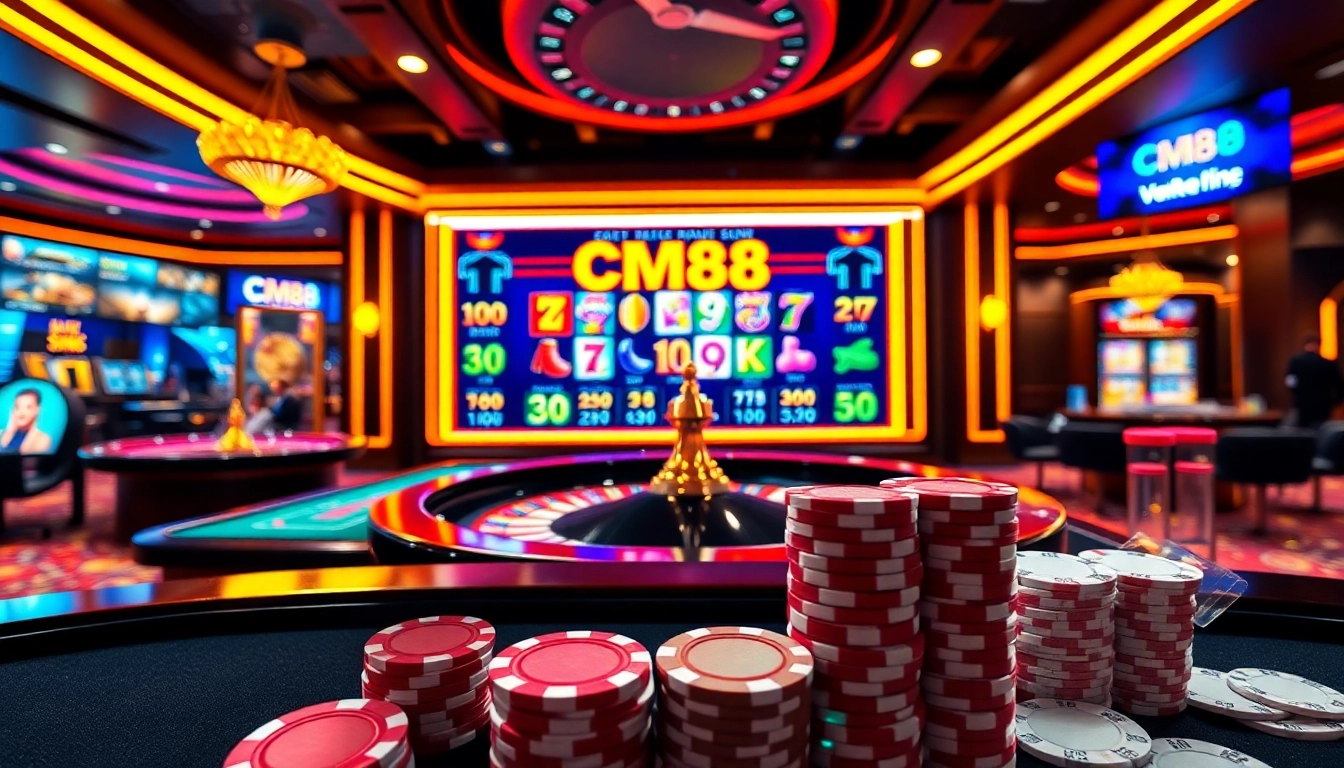 Experience the thrill of online gambling at CM88 with betting chips and casino tables.
