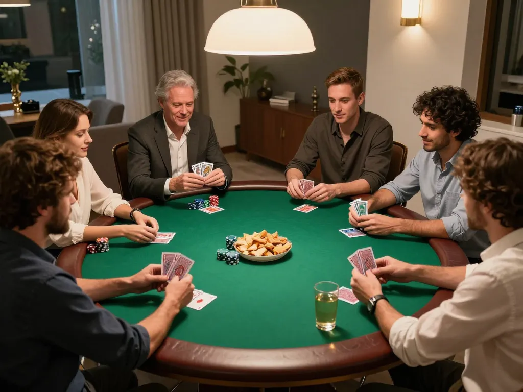 Players enjoying a friendly poker night at home, engaging in strategic gameplay on 98win with warm lighting and snacks.