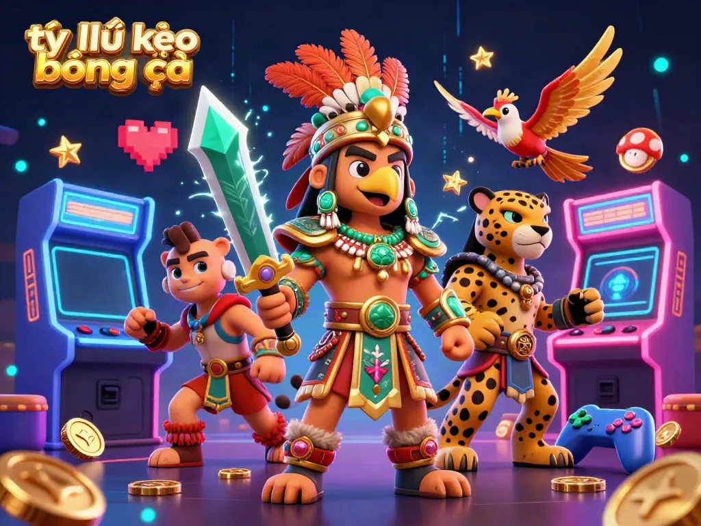 Experience the dynamic thrills of tỷ lệ kèo bóng đá with an Aztec eagle warrior and gaming elements.