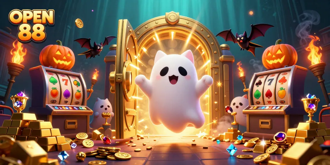 Experience thrilling adventures with OPEN 88 in this vibrant haunted casino scene full of treasures and excitement!
