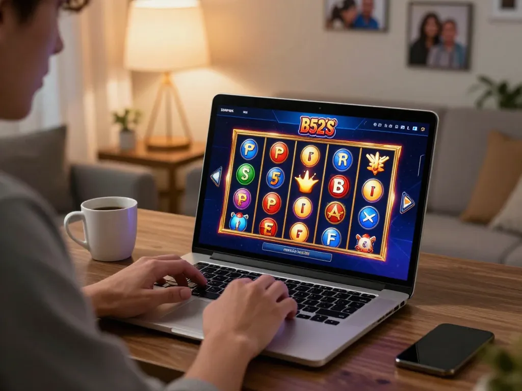 Engaging in B52 online slot games at home, with cozy decor and bright graphics.