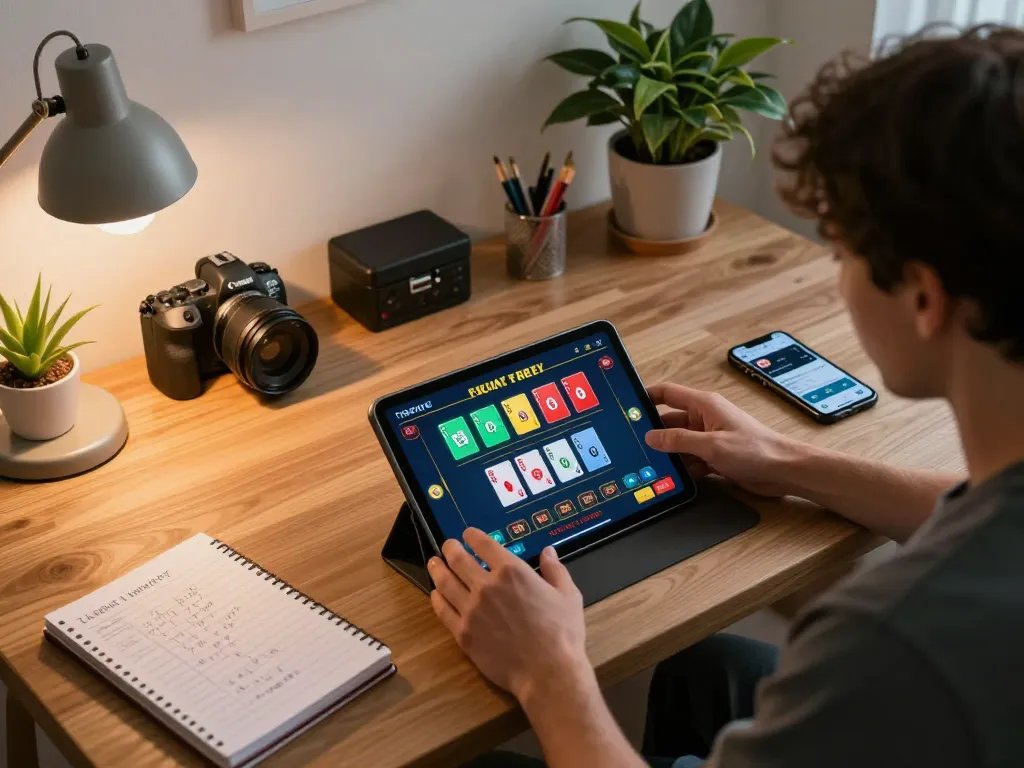 Player engaging in strategic online gambling with bl555 on tablet, showcasing a cozy home workspace.