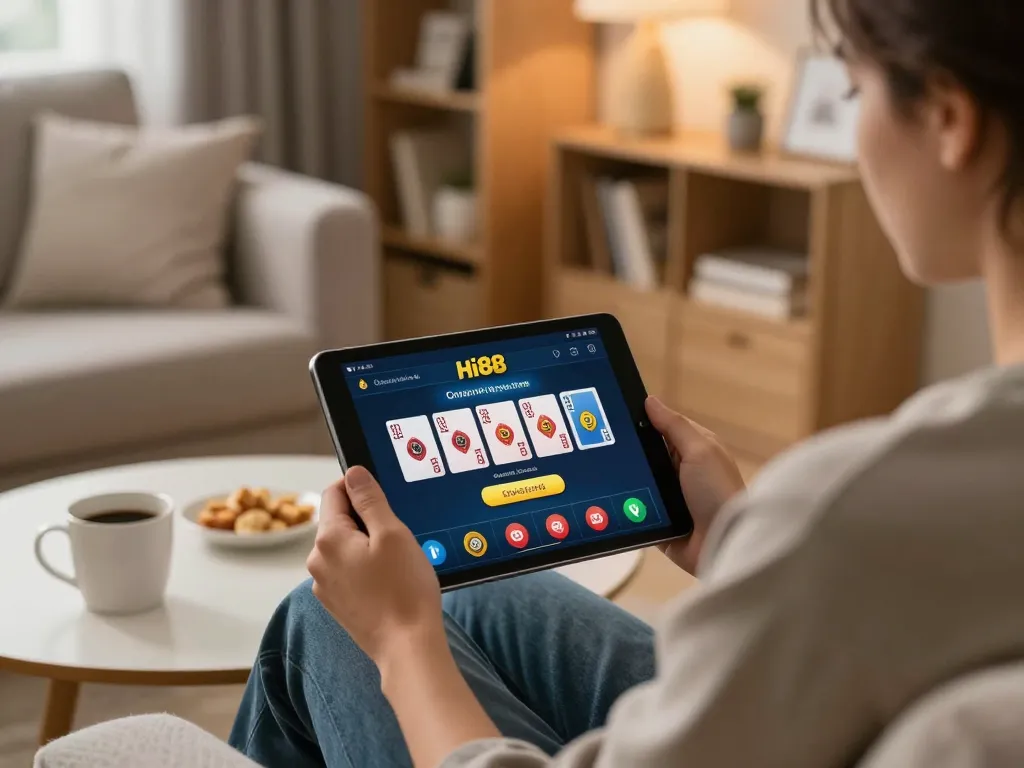 Engaging with Hi88 đăng nhập on a tablet, showcasing an interactive home gaming experience.