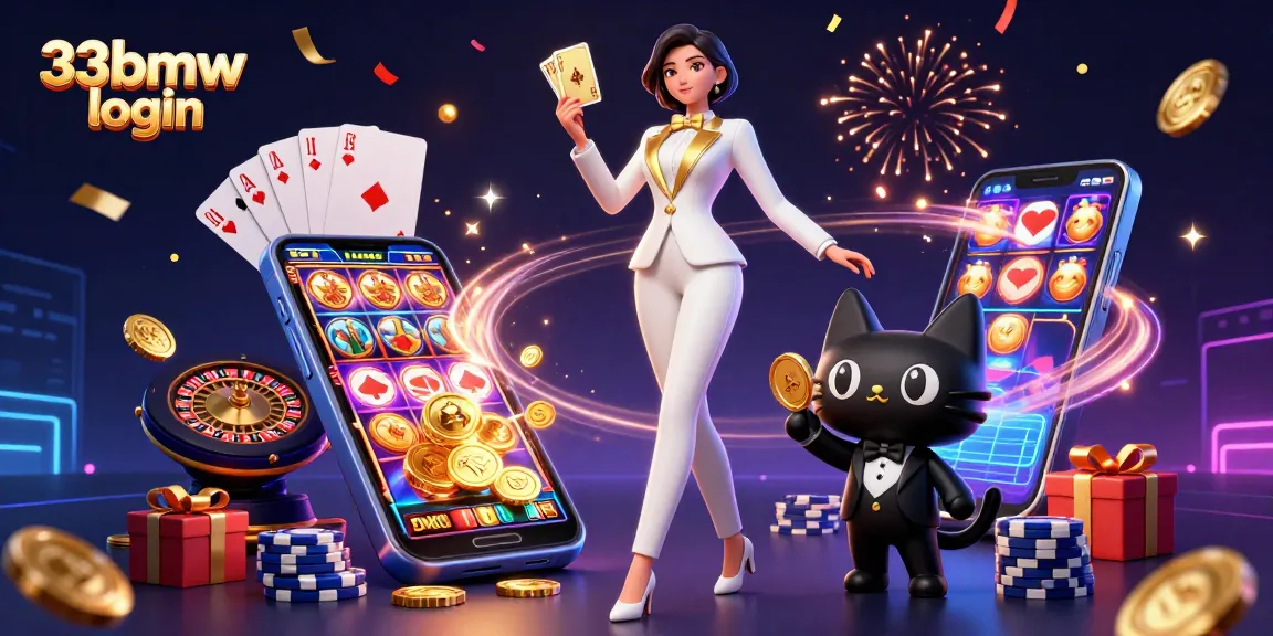 Engage in thrilling casino adventures with 33bmw login, featuring a stylish woman and her playful cat amid vibrant gaming elements.