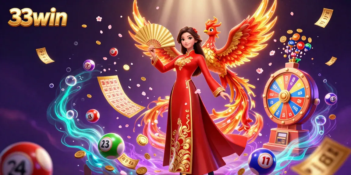 Engage with 33win as vibrant lottery balls and golden elements burst around a graceful Vietnamese lady.