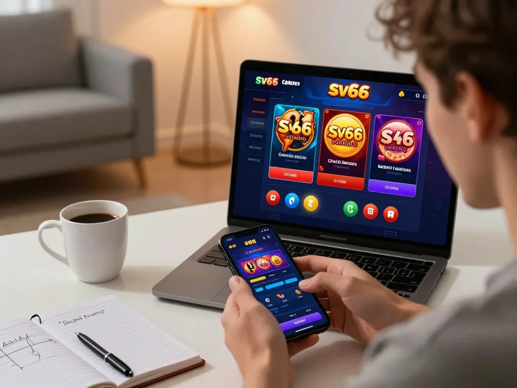 Engaging in online betting with sv66 app, showcasing a dynamic gambling moment at home.
