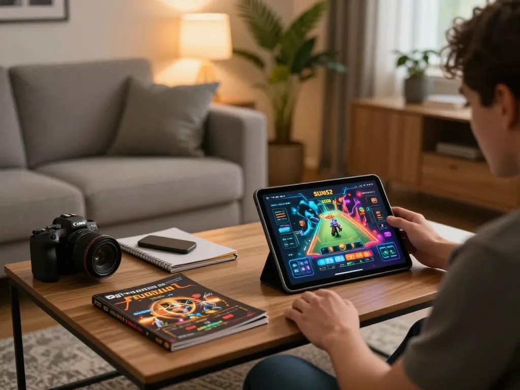 Tải Sun52 on a tablet in a cozy home gaming setup with strategy notes visible.