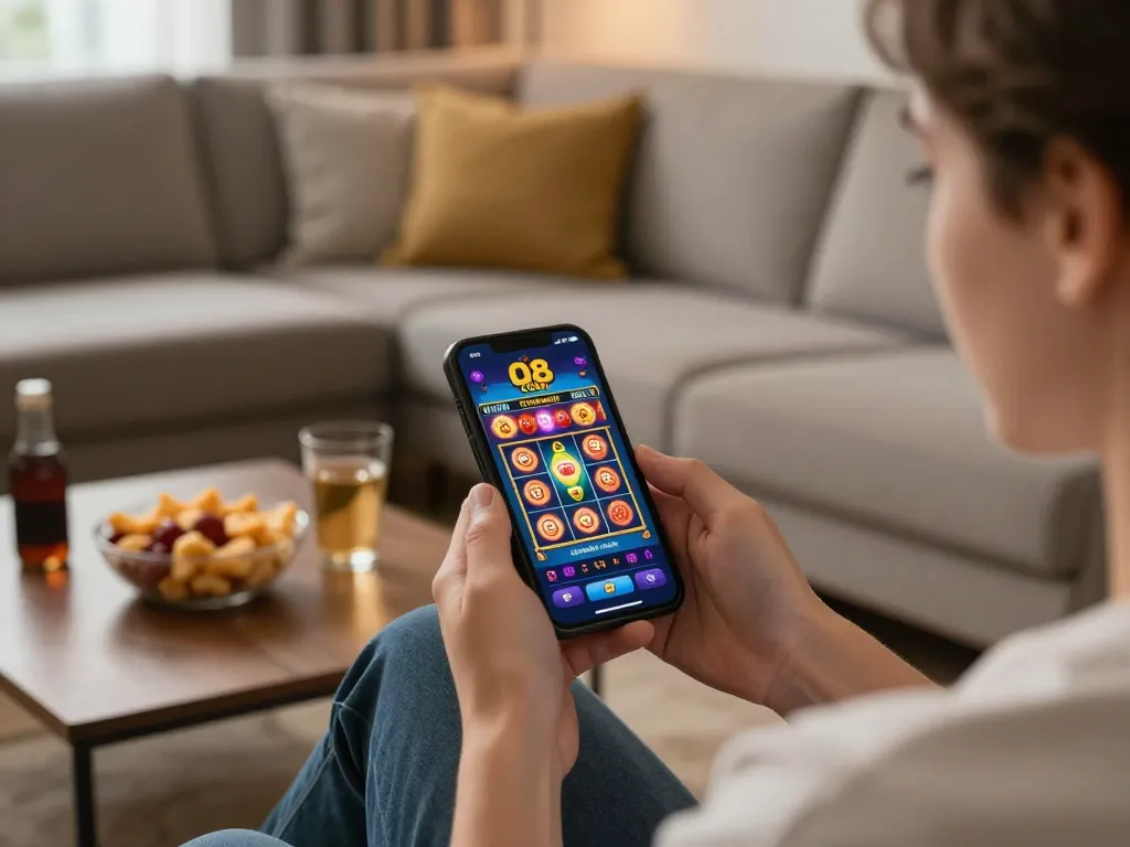Engaging with O8 COM online casino app, showcasing an exciting slot game on a smartphone.