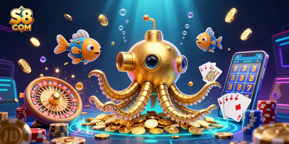S8 COM reveals a vibrant casino scene with a golden kraken submarine amidst golden coins and dynamic game elements.
