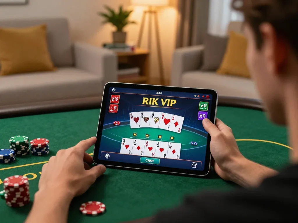 Engaging online rik vip poker session on a tablet, showing game interface in a cozy living room.