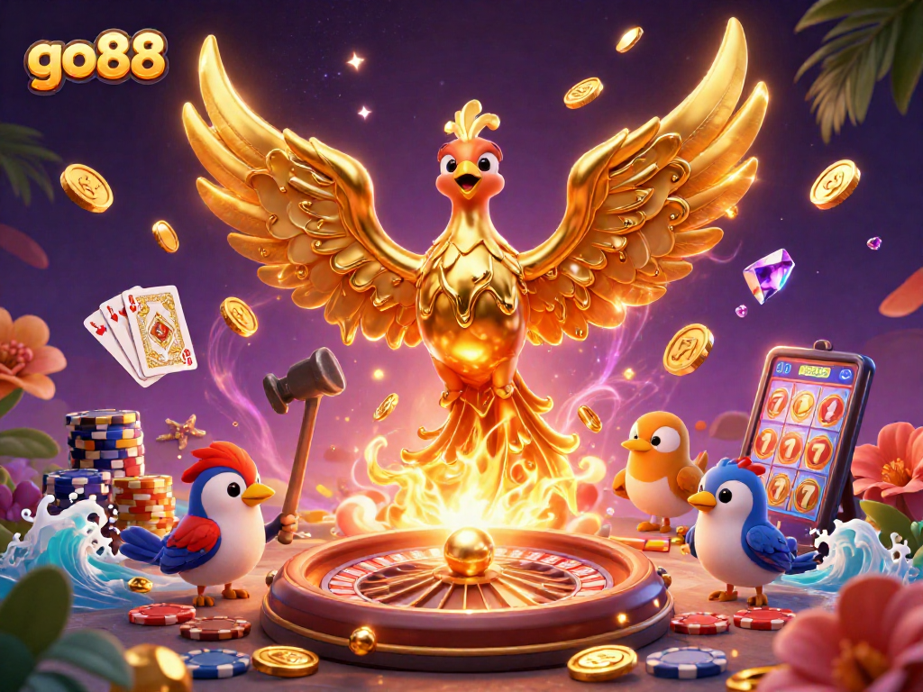 Join the excitement at go88 with a captivating gold phoenix rising from molten metal in a dynamic casino scene.
