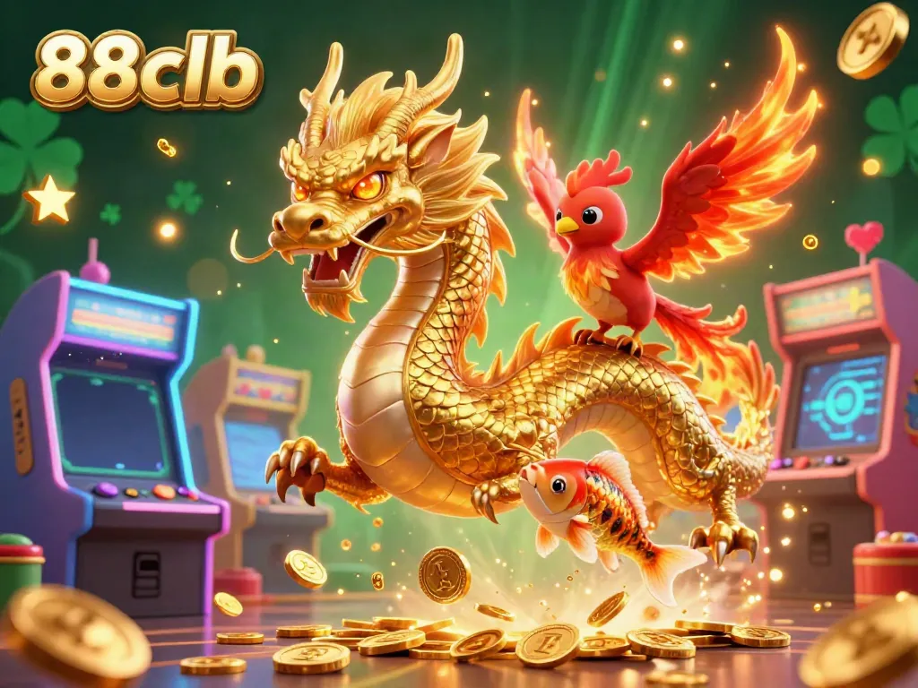 Engage with vibrant gaming elements at 88clb featuring a golden dragon and phoenix in a dynamic casino scene.