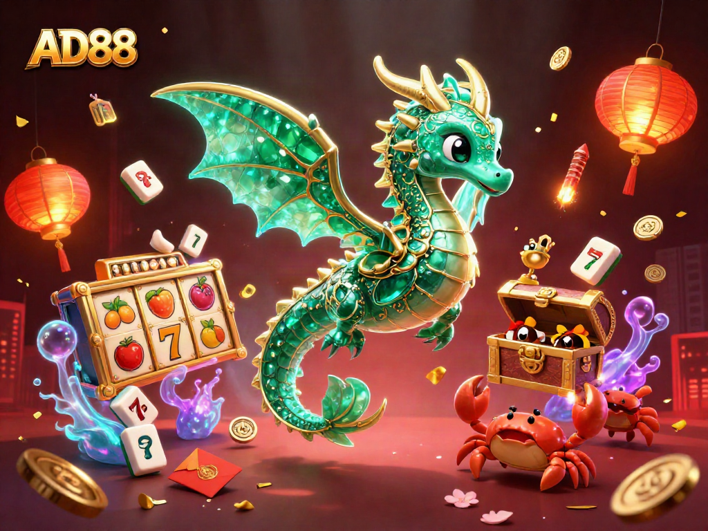 Win big with AD88's vibrant 3D illustration showcasing emerald sea dragon and slot reels.