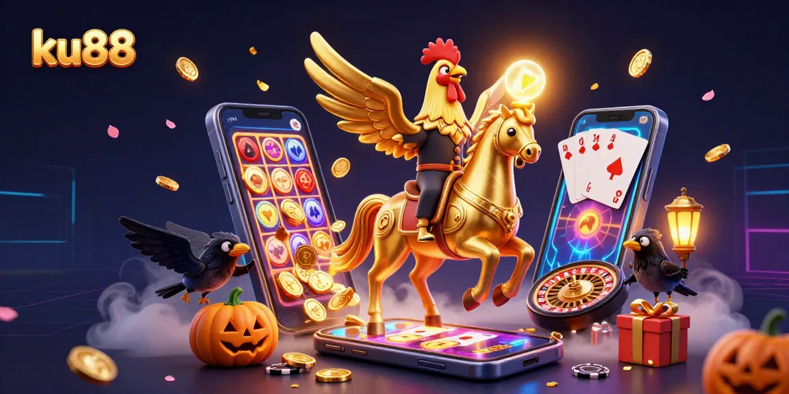 Engage with ku88's thrilling online casino experience featuring a vibrant 3D casino scene.