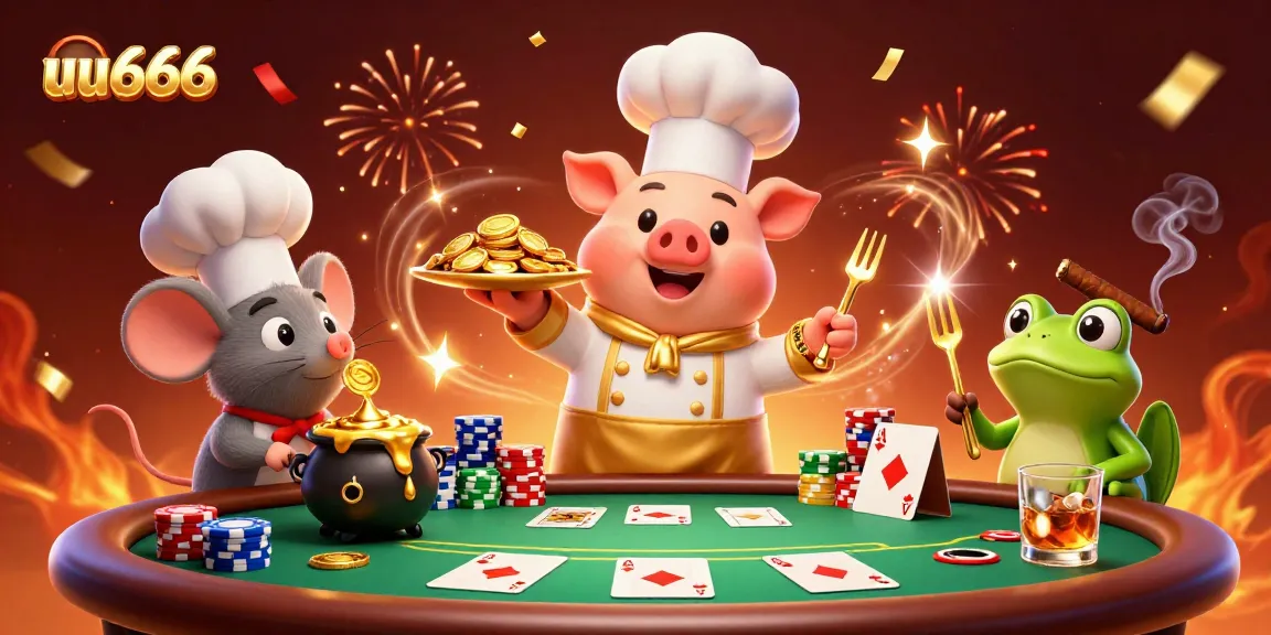 Experience thrilling games at uu666 with a vibrant scene of chips, cards, and animated characters.