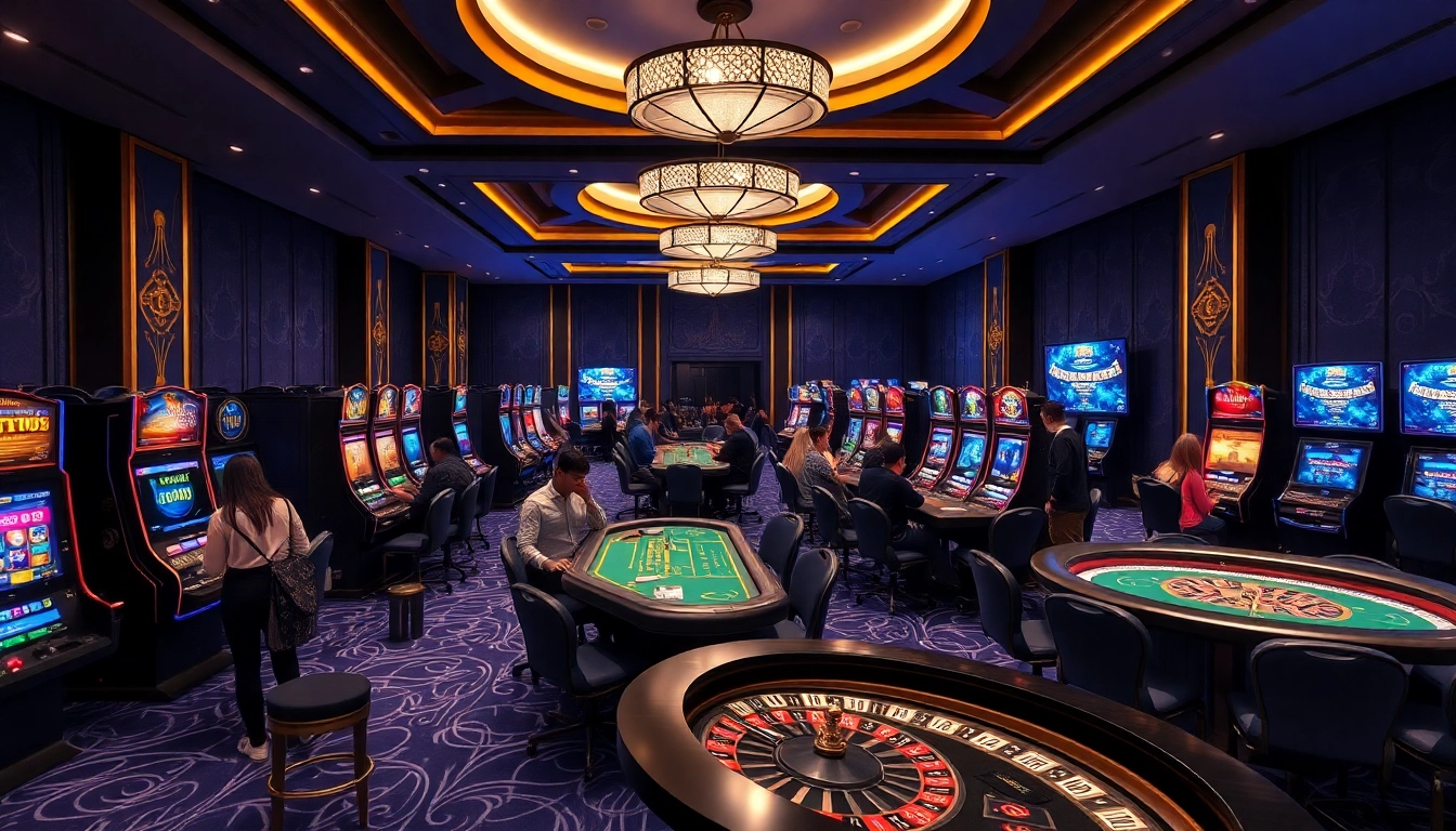 Experience TRANG CHỦ VIN88 in a luxurious casino setting with vibrant games and online interfaces.