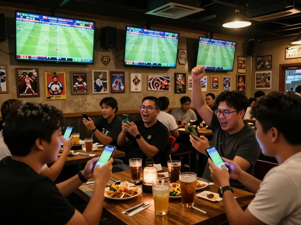 Check kèo bóng đá trực tuyến hôm nay at a lively sports bar during match excitement, patrons engaged with betting apps