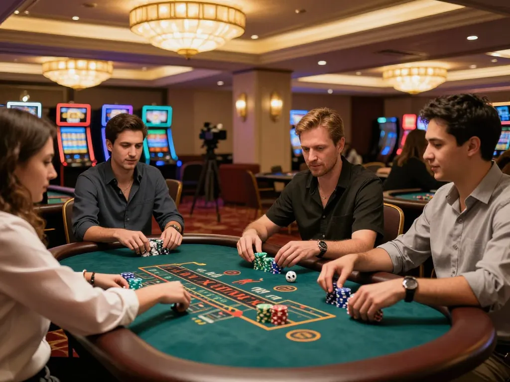Tai Xiu online gameplay with enthusiastic players at a casino table, showcasing dice and vibrant chips.