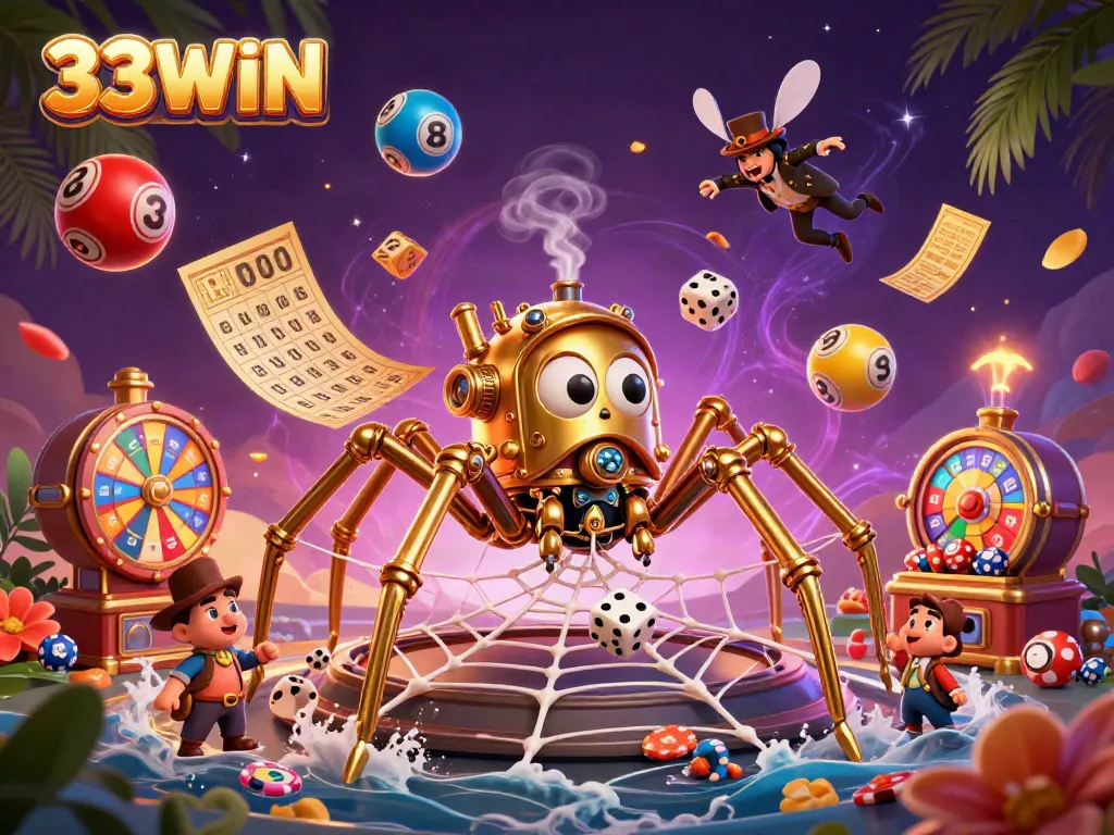Engage in the exciting world of 33WIN with a colorful 3D illustration showcasing a steampunk spider, amusement, and dynamic gaming elements.