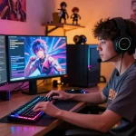 Enjoy immersive AI ecchi chat with vibrant virtual characters in a cozy gaming setup.