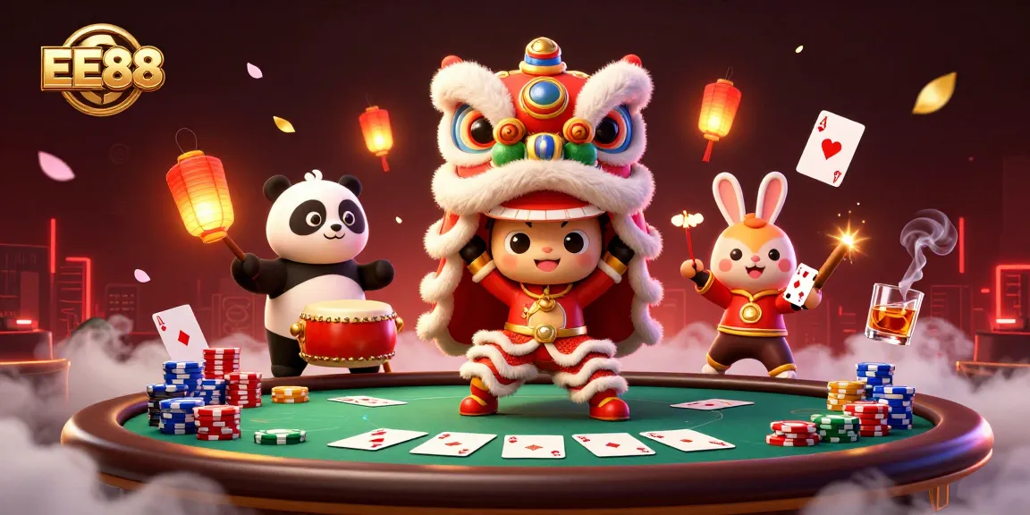 Experience the excitement of EE88 with a dynamic 3D illustration featuring a lion dance and poker elements.