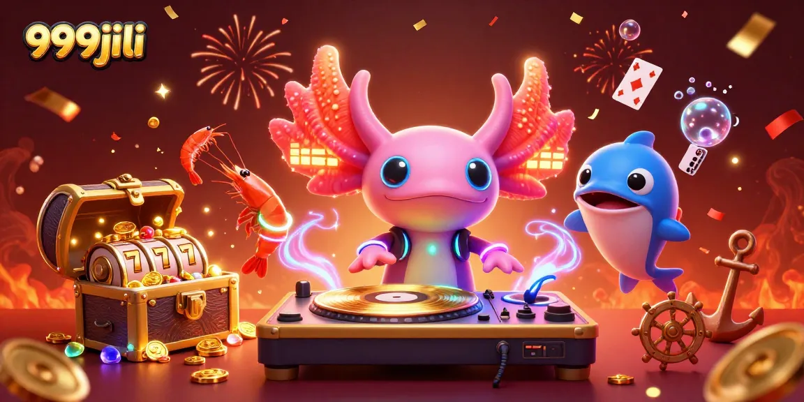 Engage with 999jili's vibrant casino scene featuring a DJ axolotl and lively characters in a rich underwater environment.