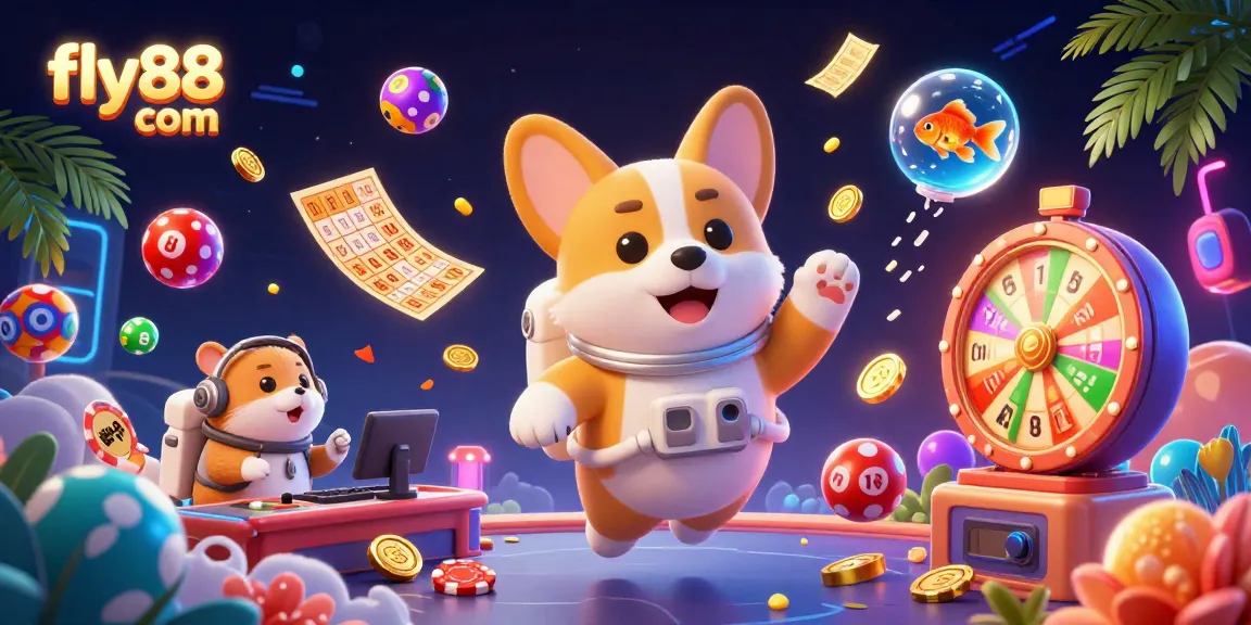 Experience the excitement of fly88 com with an astronaut corgi floating in a vibrant casino scene.