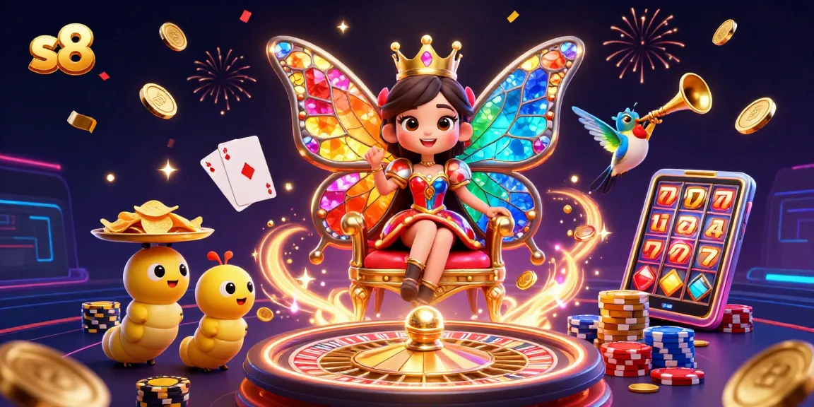 S8 players enjoy thrilling casino games surrounded by festive elements, gold coins, and colorful chips.