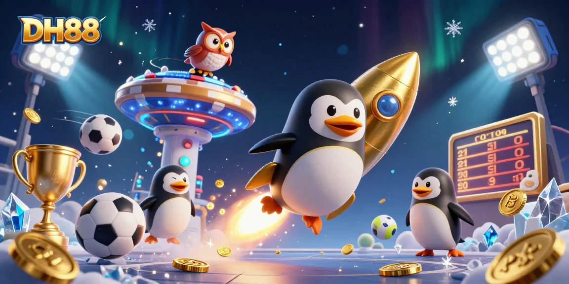 Experience thrilling gameplay at DH88 with a golden penguin blasting towards a poker chip station in space.