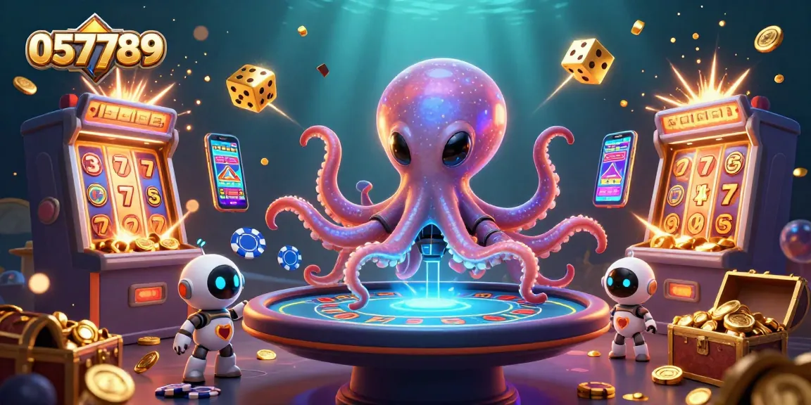 Play exciting games at 057789, featuring a vibrant alien octopus and dazzling casino elements.