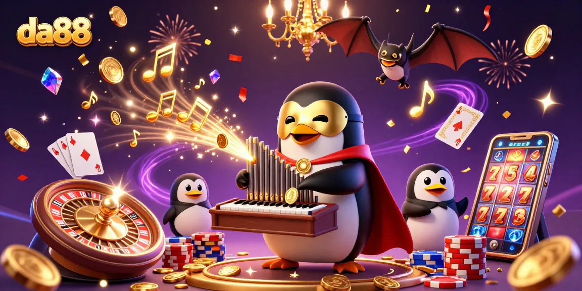 da88 showcases a vibrant casino scene with golden coins cascading from a pipe organ