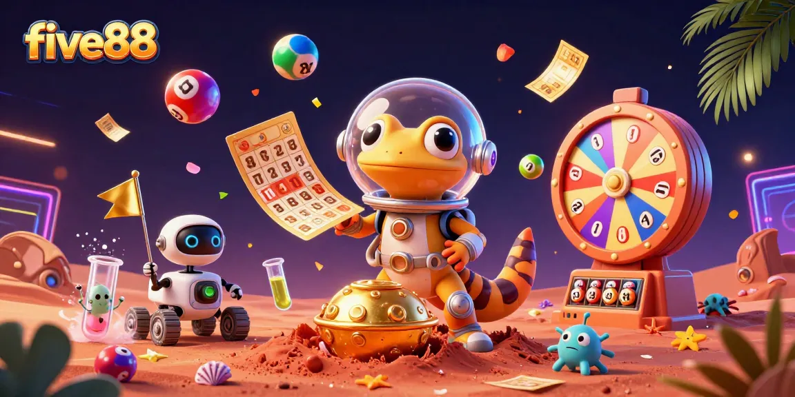 Experience the excitement of five88 with a lively scene of a Martian gecko discovering a golden casino amidst a cosmic celebration.
