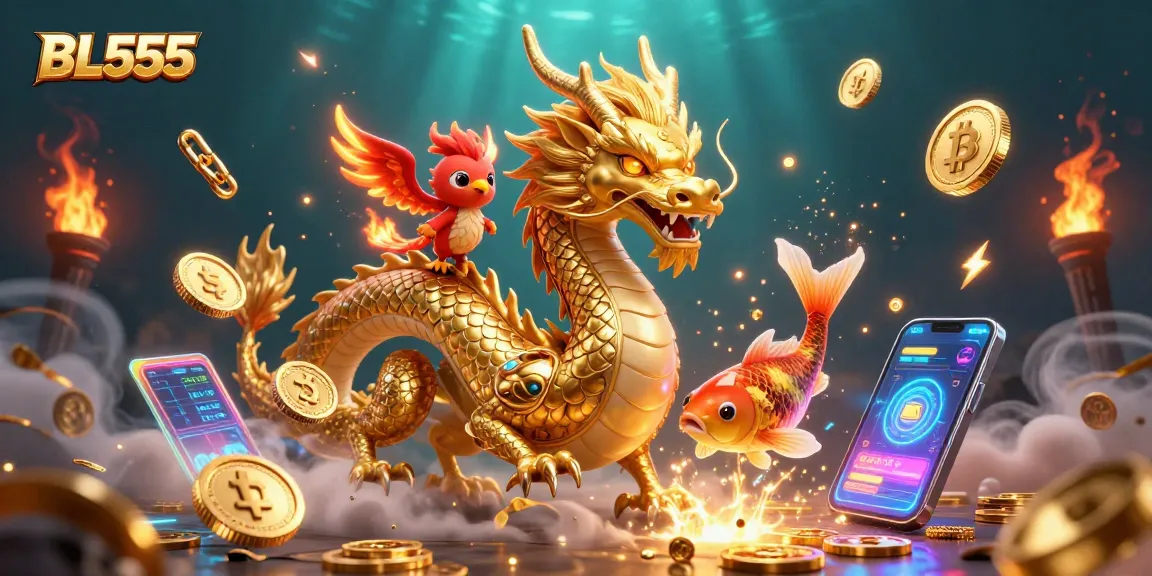 Engage with BL555 through a thrilling casino scene featuring a majestic dragon and vibrant crypto elements
